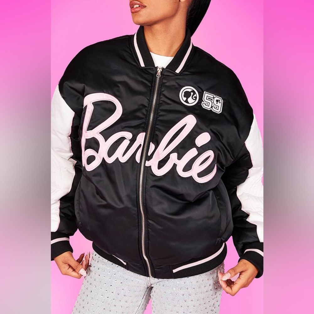 Barbie Black and white varsity bomber jacket pink signature size 8 medium new